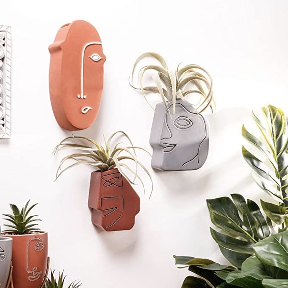 Set of 3 Boho Wall Mounted Abstract Face Planters
